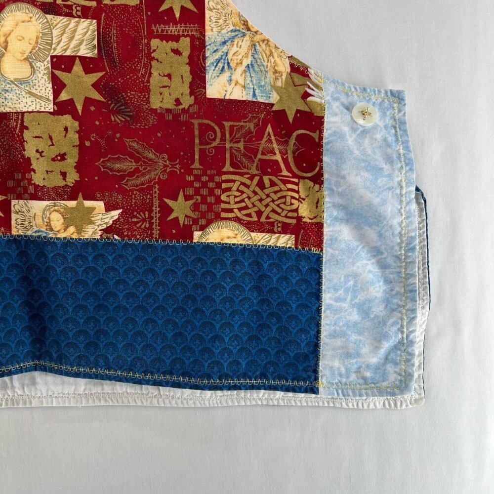 Handmade Upcycled Patchwork Vest Womens Angel Dove Peace Print Crop Top Blue Red - Picture 5 of 10